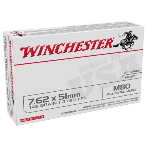 winchester target m80 762mm nato 149gr fmj rifle ammo 20 rounds 1222212 1